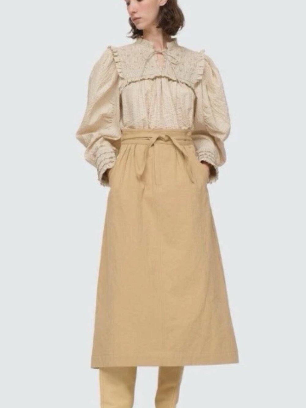 Sea NY Theresa Twill Tie Front Full Cream A-Line Midi Skirt. 6